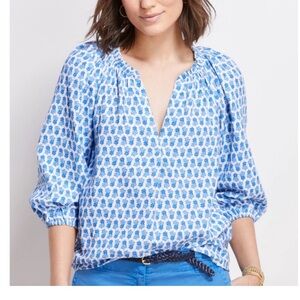 Vineyard Vines Seastitch Block Print Popover Blue Floral 100% Cotton Women's Top